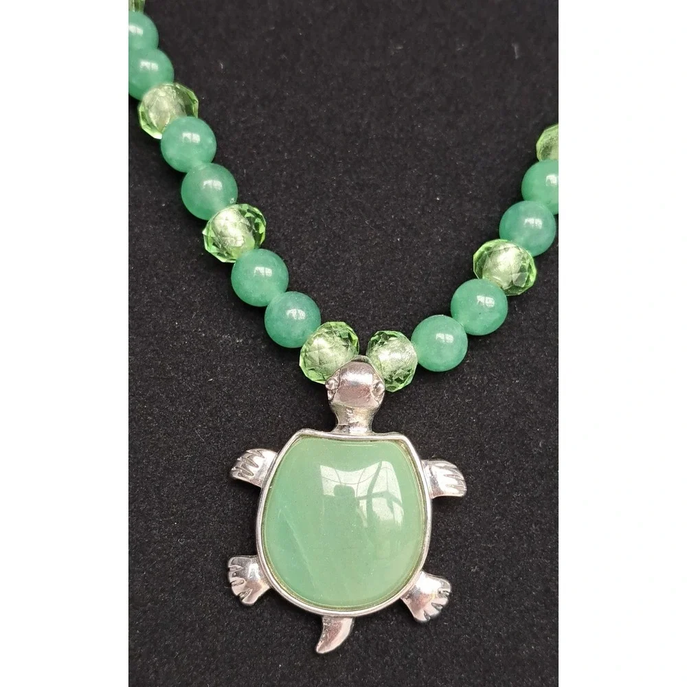 Gemstone Beaded Jewelry Set Necklace Earrings Aventurine Turtle Jade Pendant